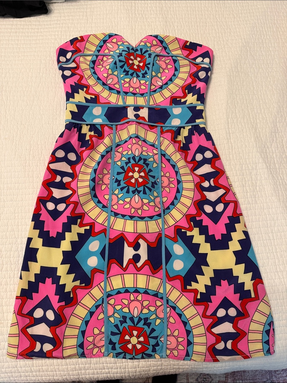 Annie Griffin Strapless Mini Dress in Pink, Blue, Yellow & Navy